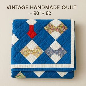Vintage Handmade Quilt – Bow Tie Pattern – 90” x 82”